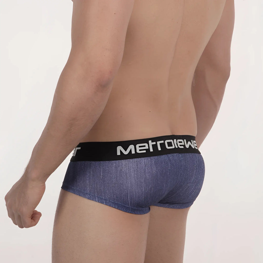Blue denim-textured men’s briefs with black waistband and white metroiewe branding metro male wear mini cheek boxer