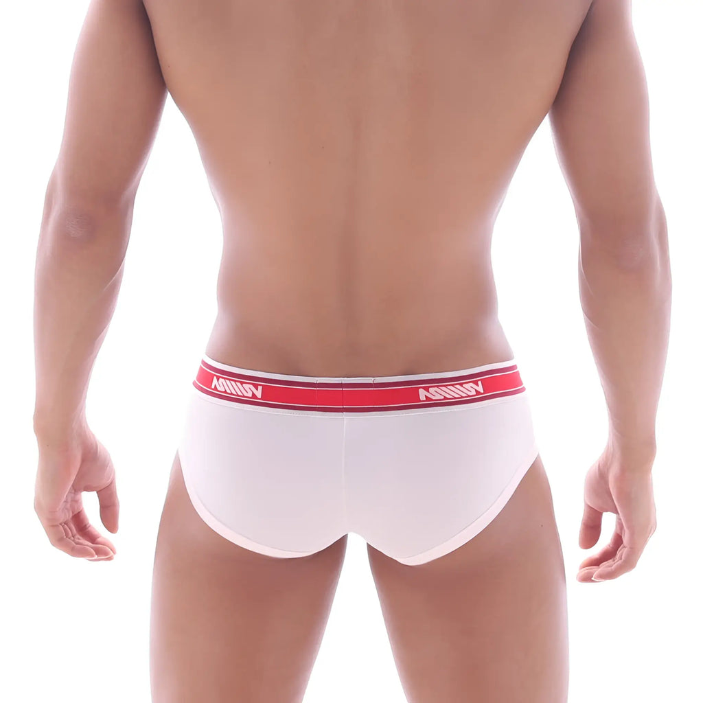 White briefs with a red waistband branded namin from metromalewear mini cheek boxer nude 2025 01 collection