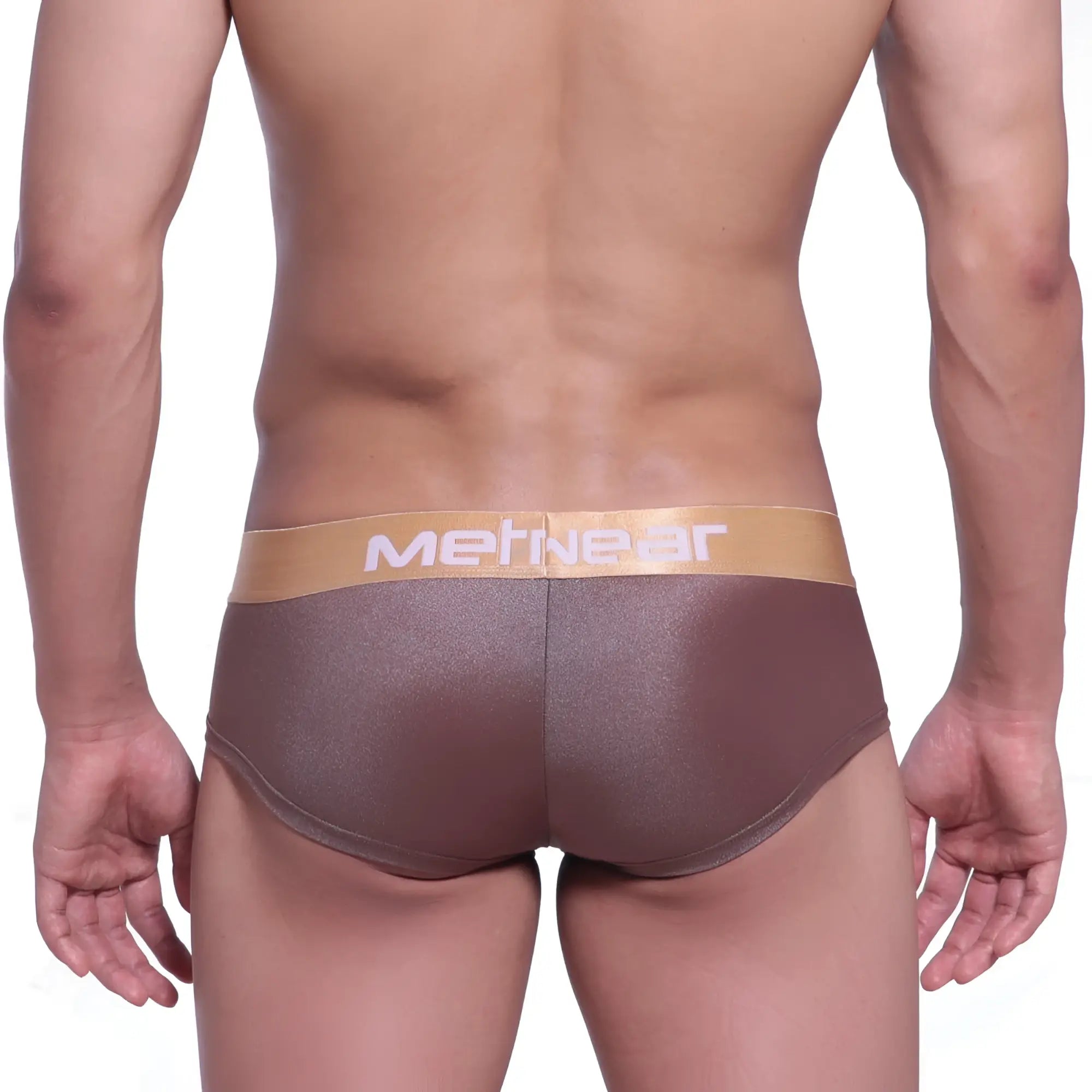 Brown metallic-textured men’s briefs with tan metnear waistband from MetroMaleWear mini cheek boxer spark gold 2025-21