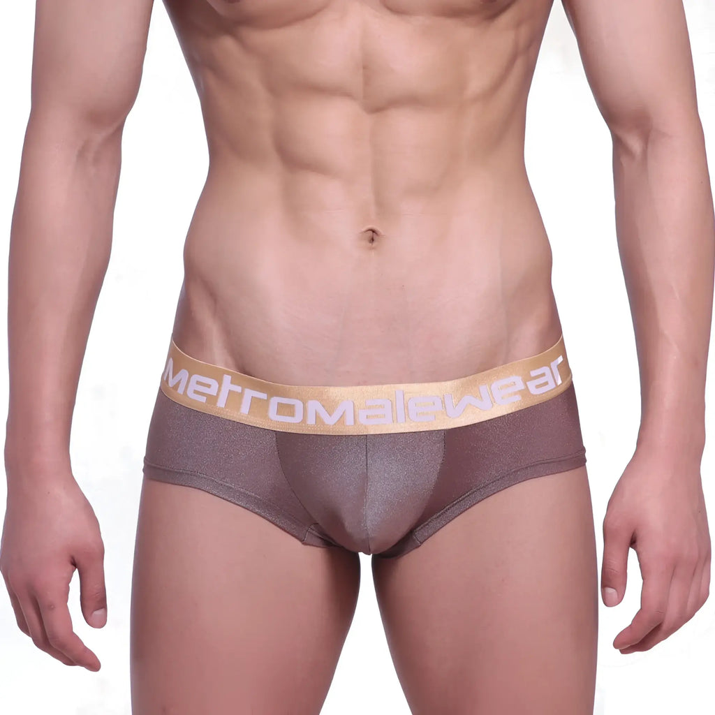 Brown metallic metroMalewear mini cheek boxer briefs with gold waistband and metromalewear logo front view