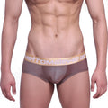 Brown metallic metroMalewear mini cheek boxer briefs with gold waistband and metromalewear logo front view