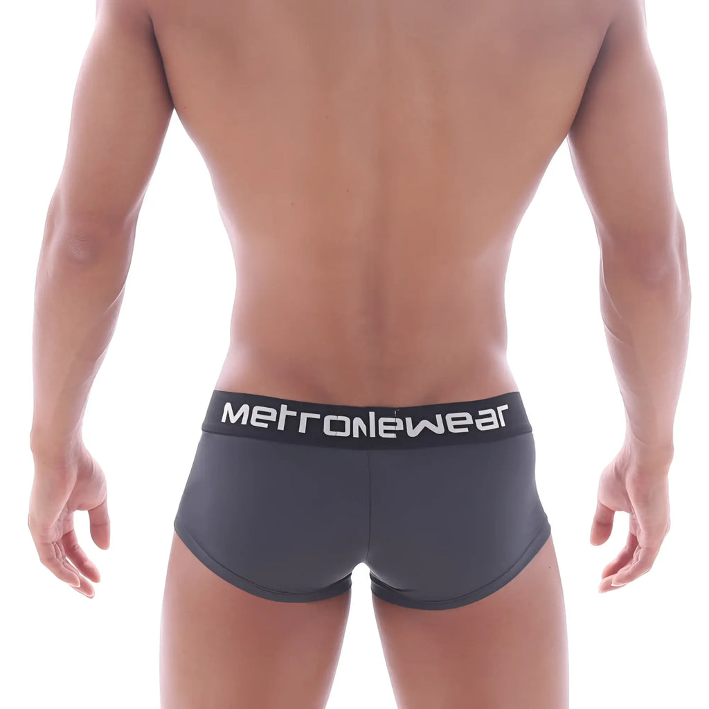 Dark gray metronewear mini cheek boxer briefs with black waistband and white lettering metro malewear twilight 2025-11