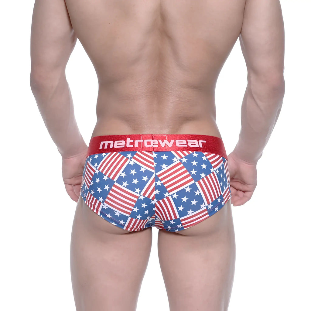 Metro male wear mini cheek boxer usa 2025-91 briefs with red white and blue american flag patchwork and red waistband