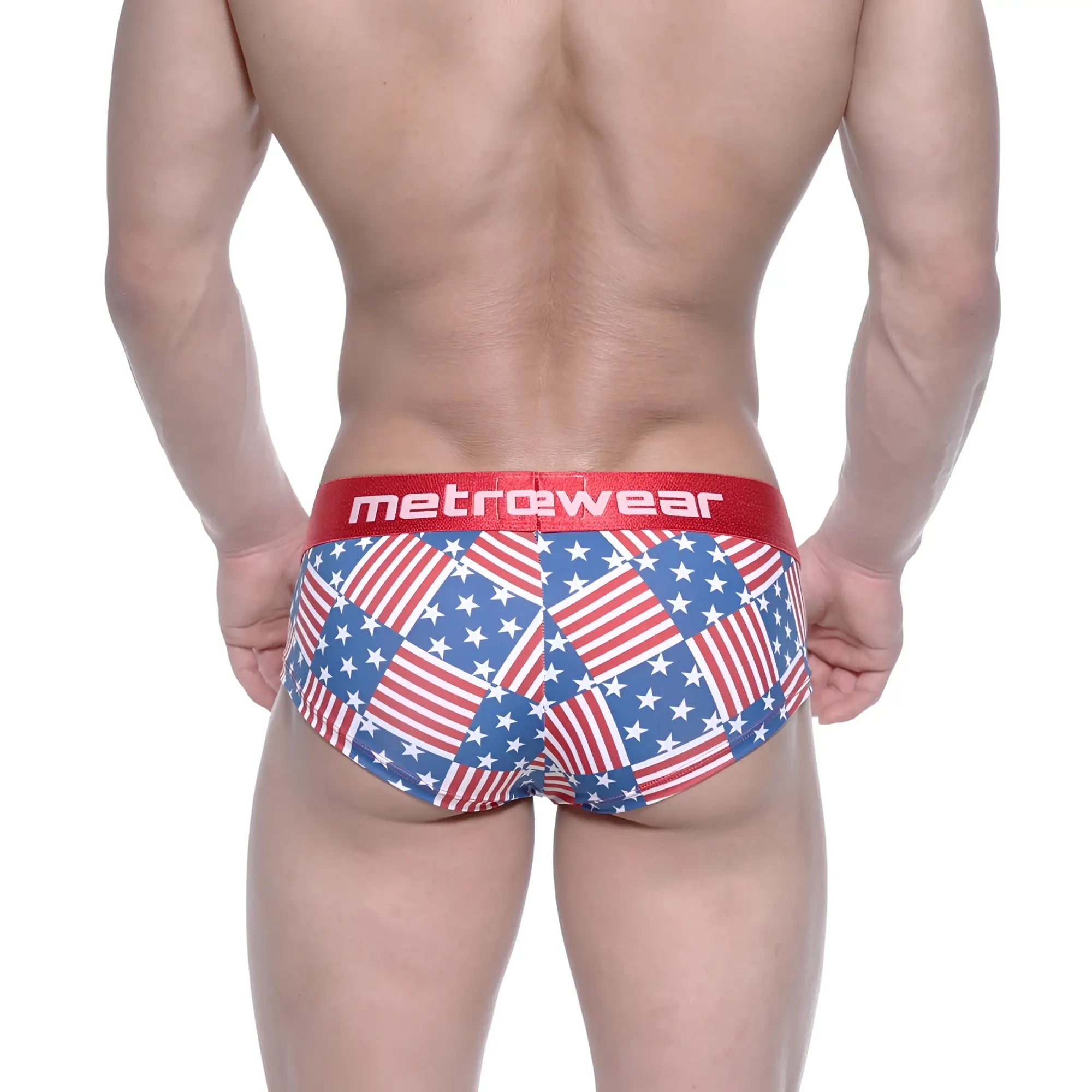 Metro male wear mini cheek boxer usa 2025-91 briefs with red white and blue american flag patchwork and red waistband
