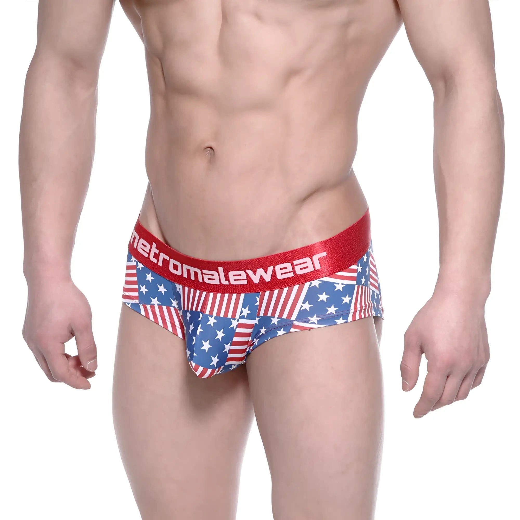 MetroMaleWear mini cheek boxer USA 2025-91 red white blue American flag patterned men’s briefs with red waistband