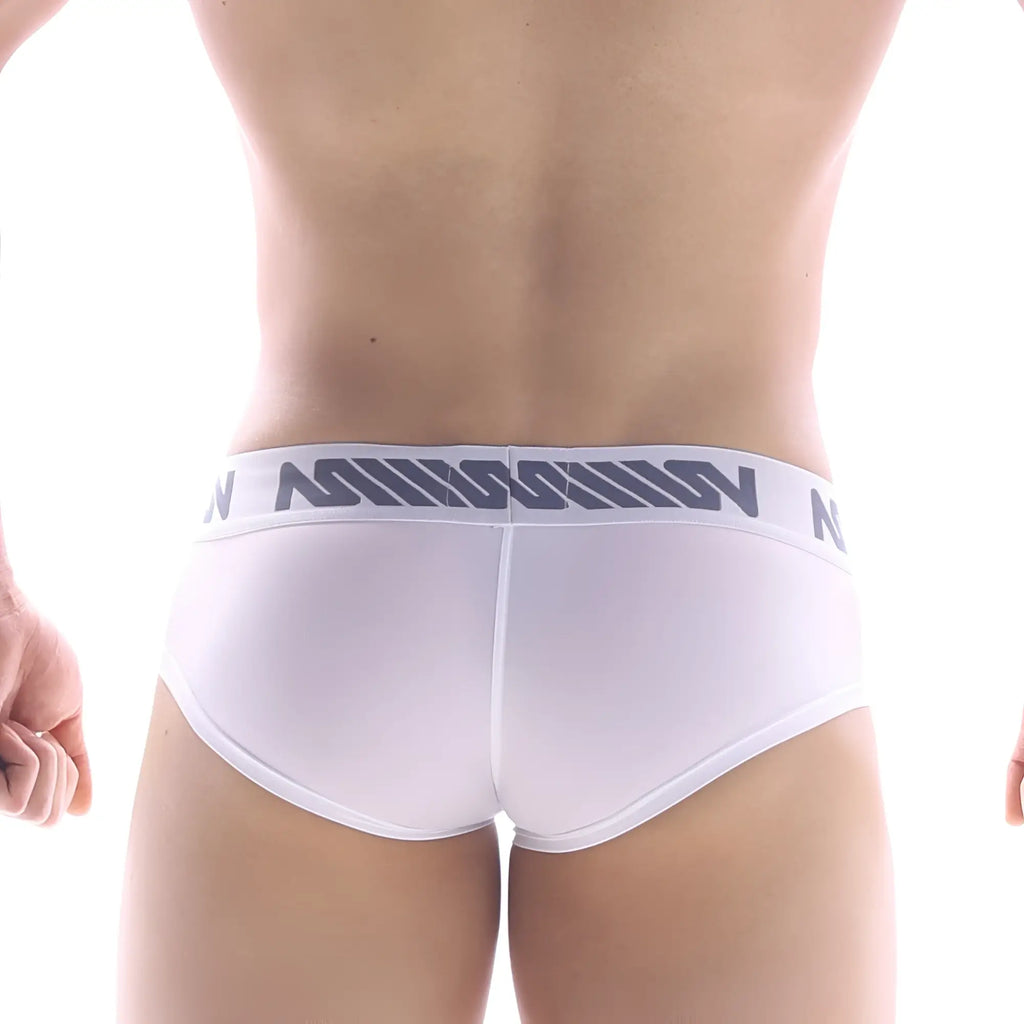 White briefs metroMalewear mini cheek boxer with gray logo waistband designed for comfort and style