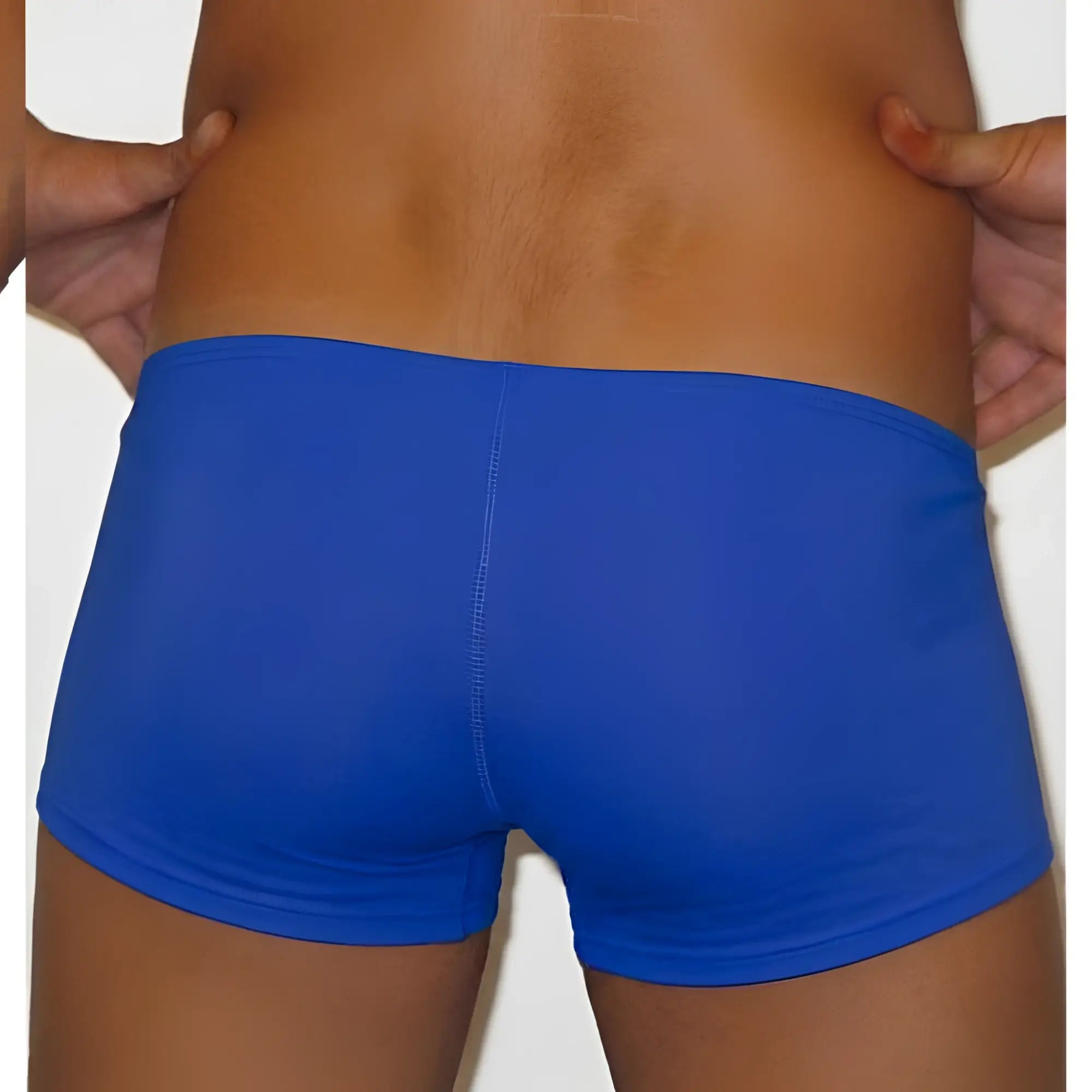 Back view of metro malewear minimo boxer briefs in royal blue with smooth stretchy fabric and central seam