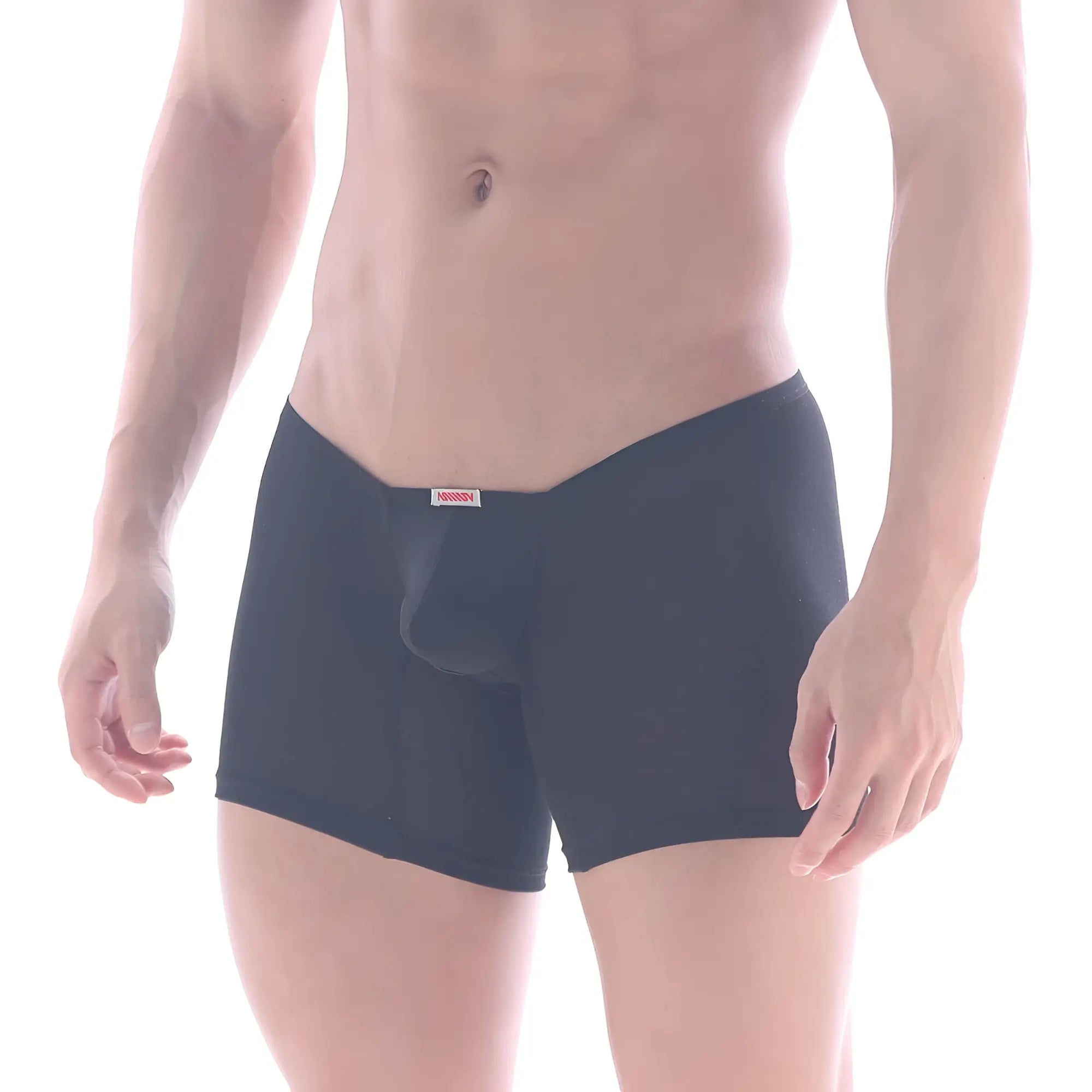 MetroMalewear minimo cotton long black boxer briefs with central pouch and small red waistband label