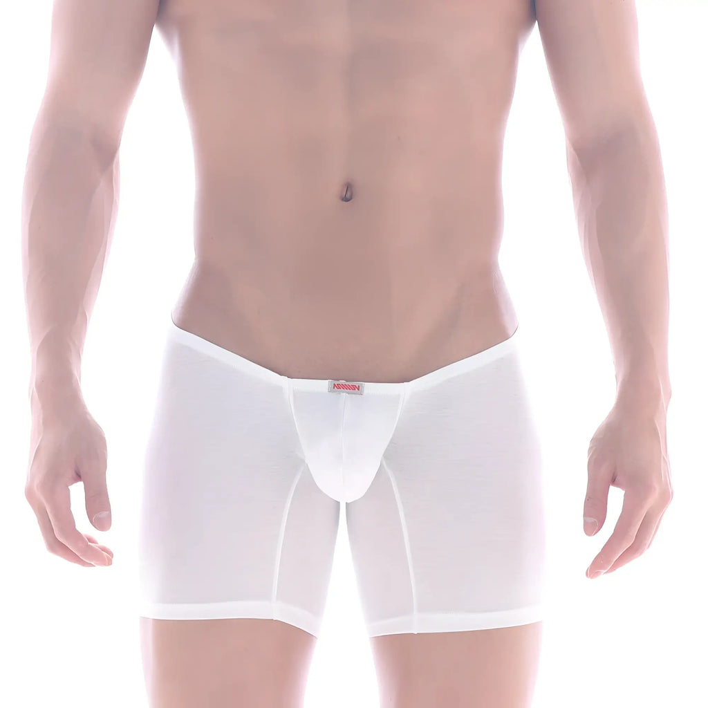 White sheer cotton boxer briefs with a red brand tag at the waistband from MetroMaleWear Minimo collection