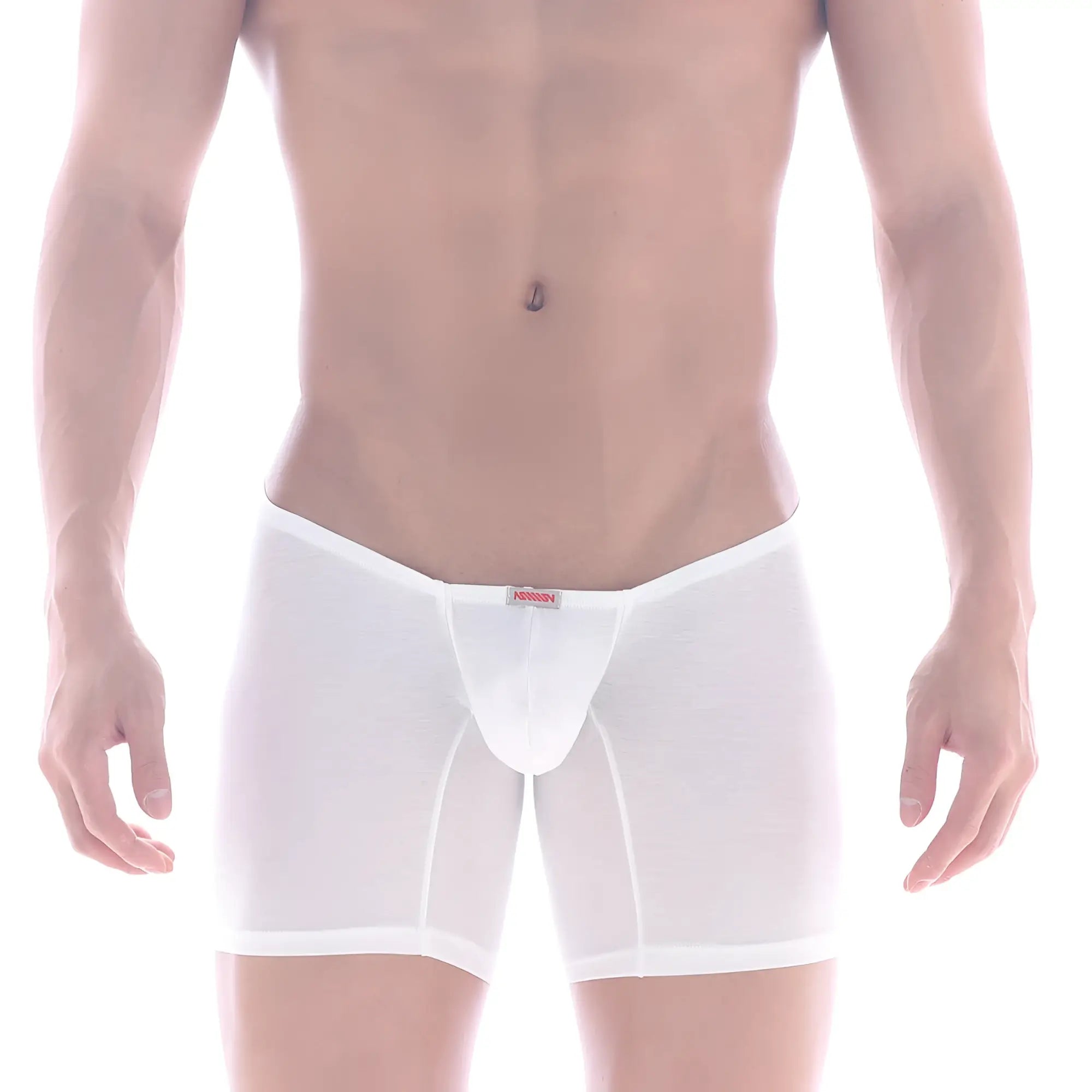 White sheer cotton boxer briefs with a red brand tag at the waistband from MetroMaleWear Minimo collection