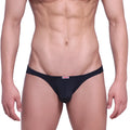 Black versace thong with subtle red logo tag on waistband metroMalewear minimo hip brief 2006-20 front view