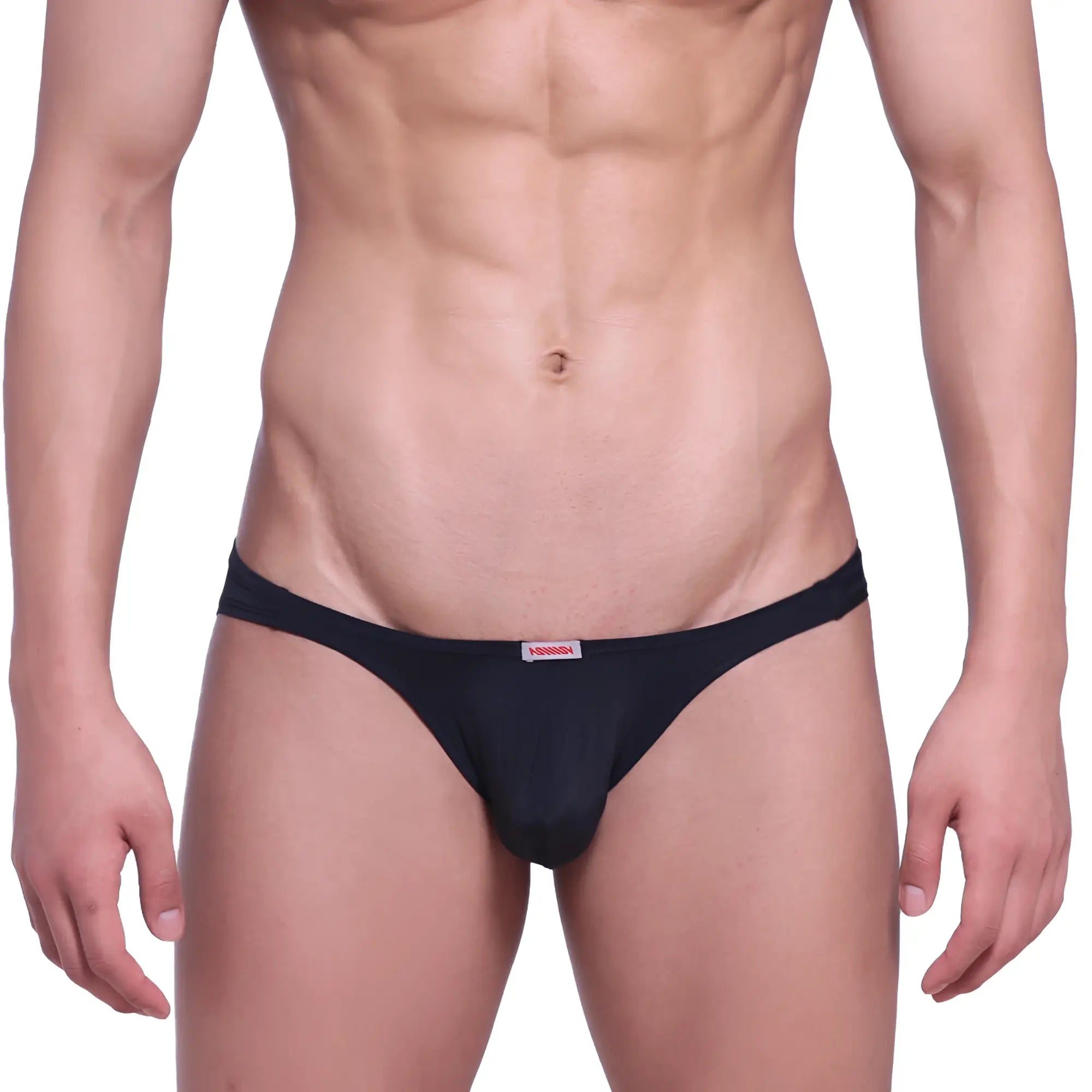 Black versace thong with subtle red logo tag on waistband metroMalewear minimo hip brief 2006-20 front view