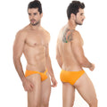 Bright orange MetroMaleWear minimo hip briefs feature a smooth, form-fitting design for comfortable wear