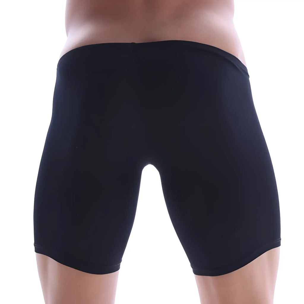 MetroMaleWear minimo long boxer black swim trunks with smooth stretchy fabric and elastic waistband front view