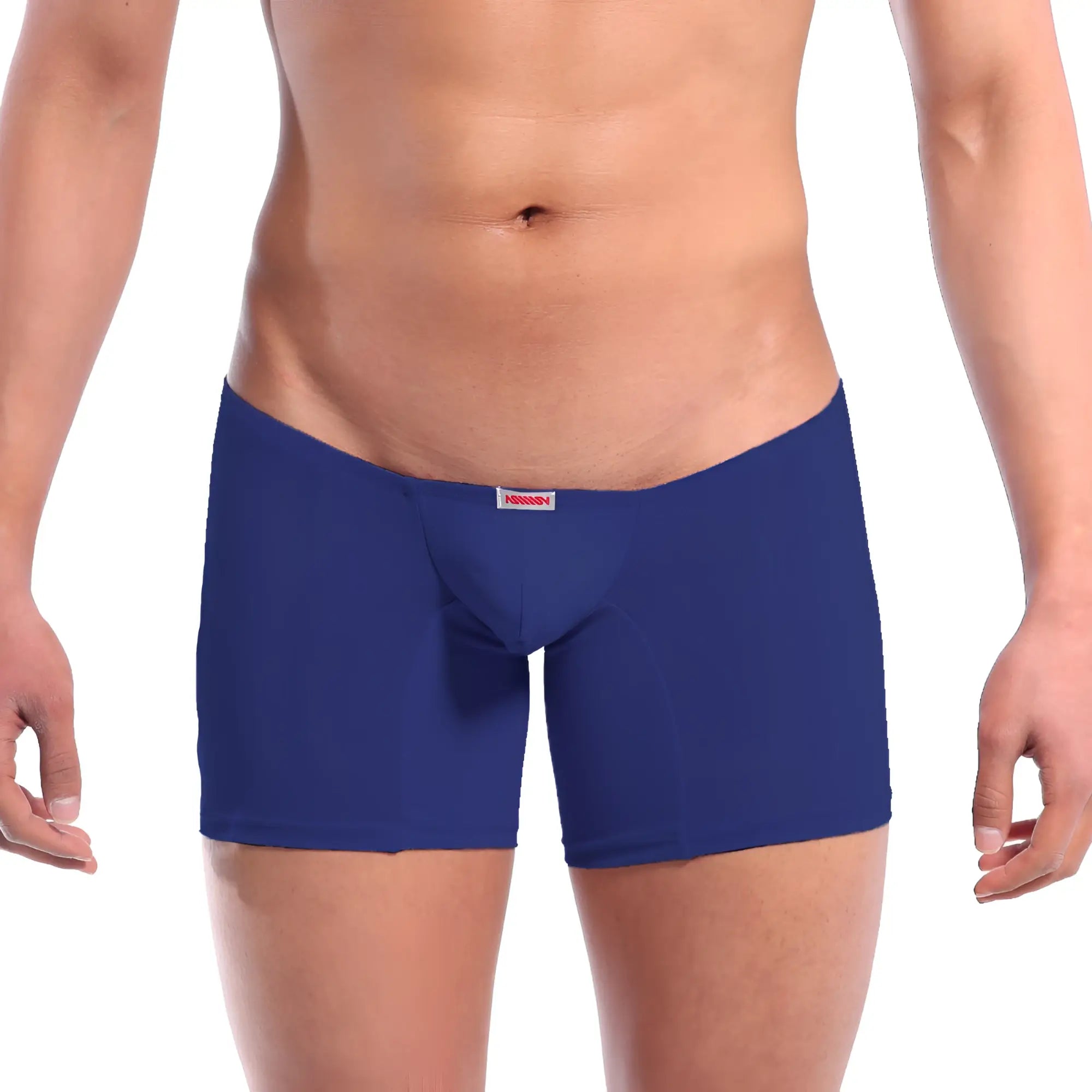 MetroMaleWear Minimo long boxer dark blue men’s briefs with a subtle red and white brand tag on the waistband