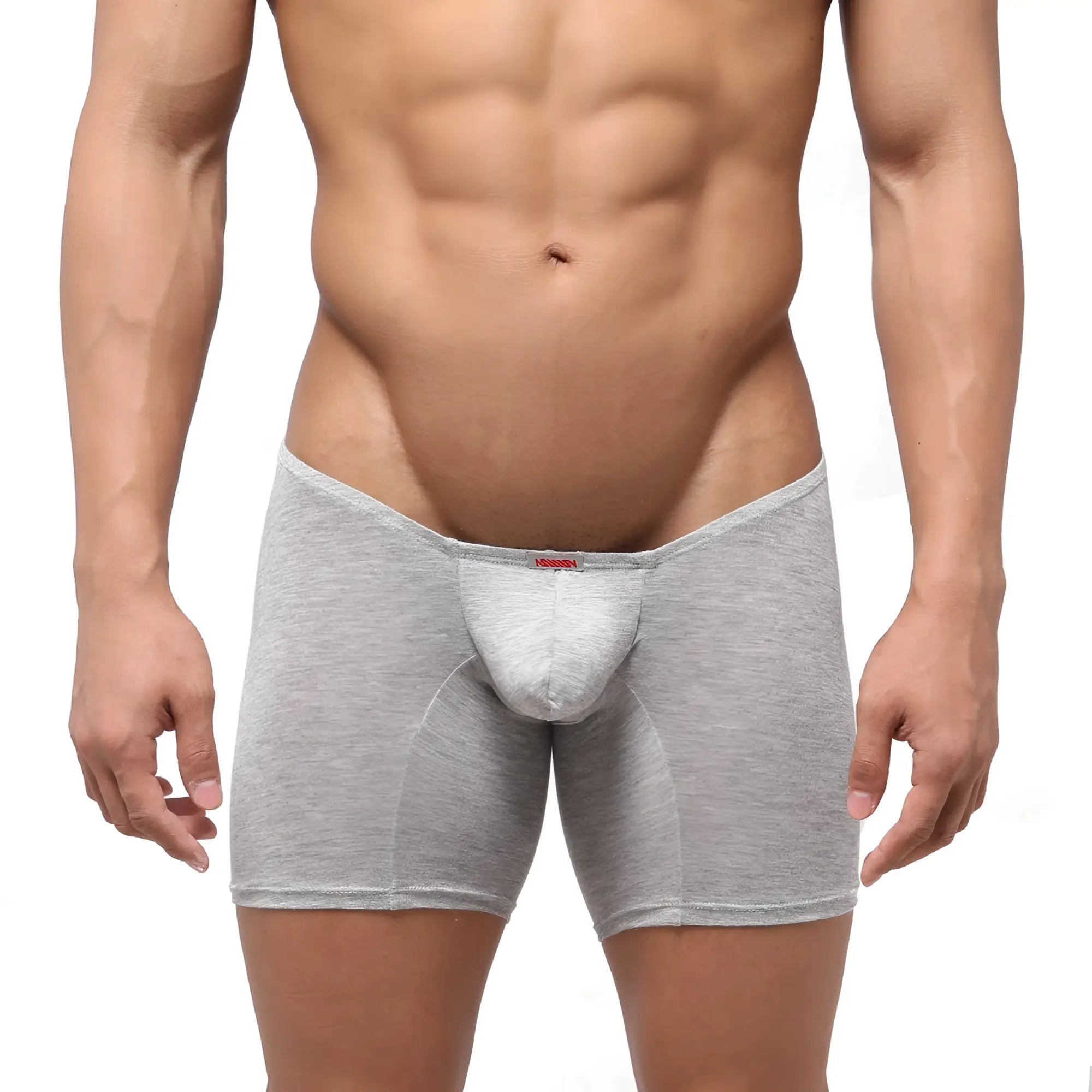 Gray heathered metro male wear minimo long boxer briefs with supportive contoured pouch and elastic waistband