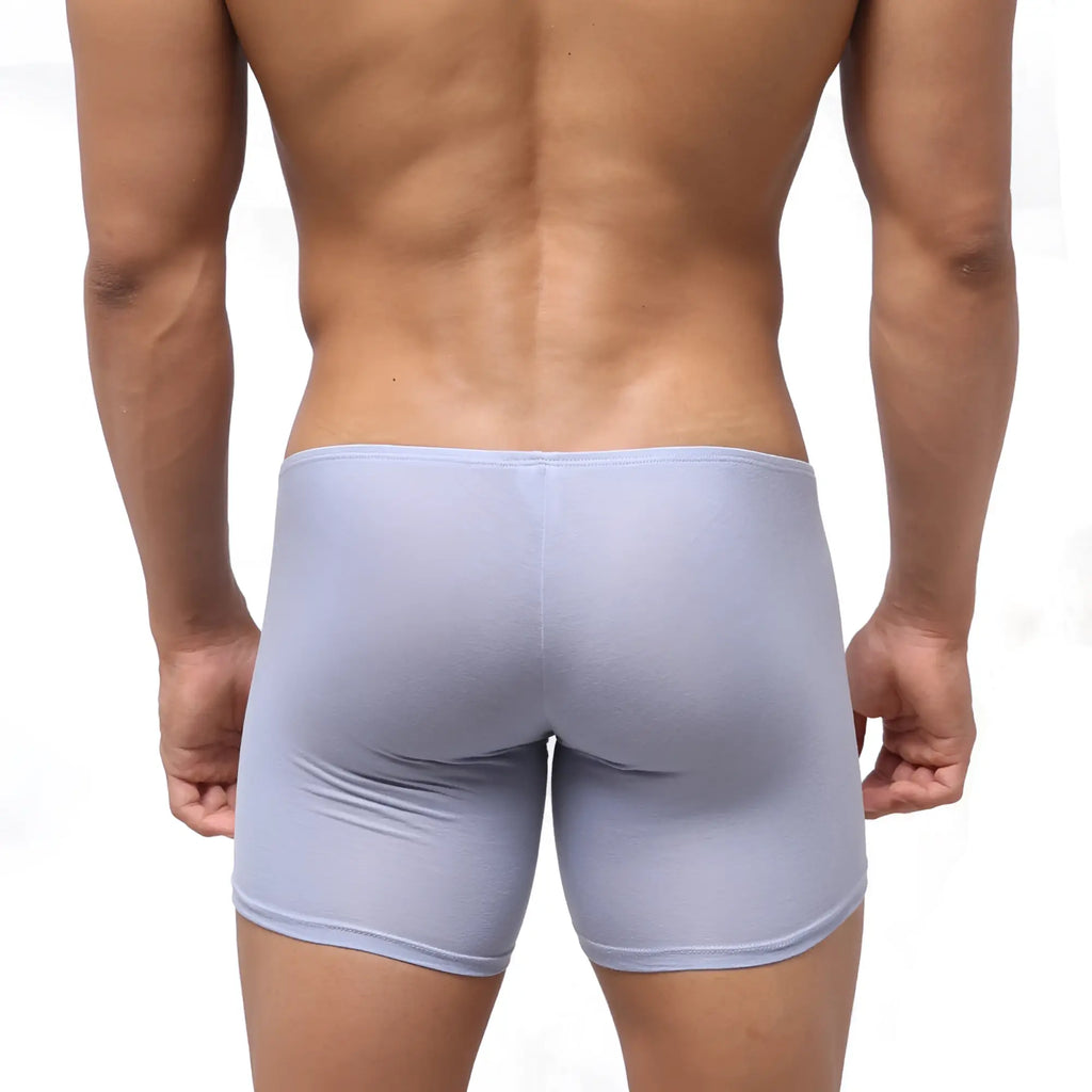 Light blue form-fitting men’s boxer briefs by MetroMaleWear Minimo Long Boxer Lavender 2034-08 for comfortable wear