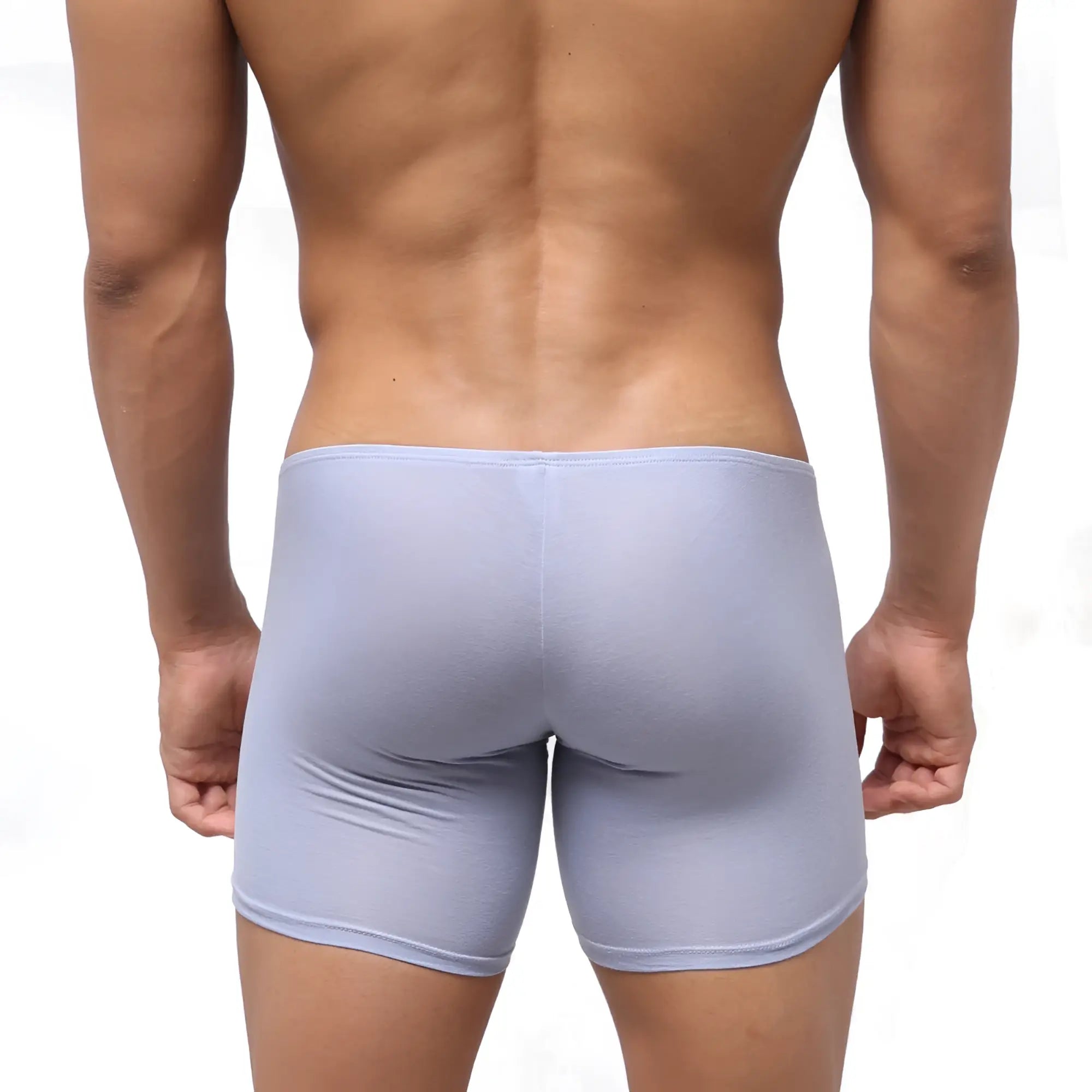 Light blue form-fitting men’s boxer briefs by MetroMaleWear Minimo Long Boxer Lavender 2034-08 for comfortable wear