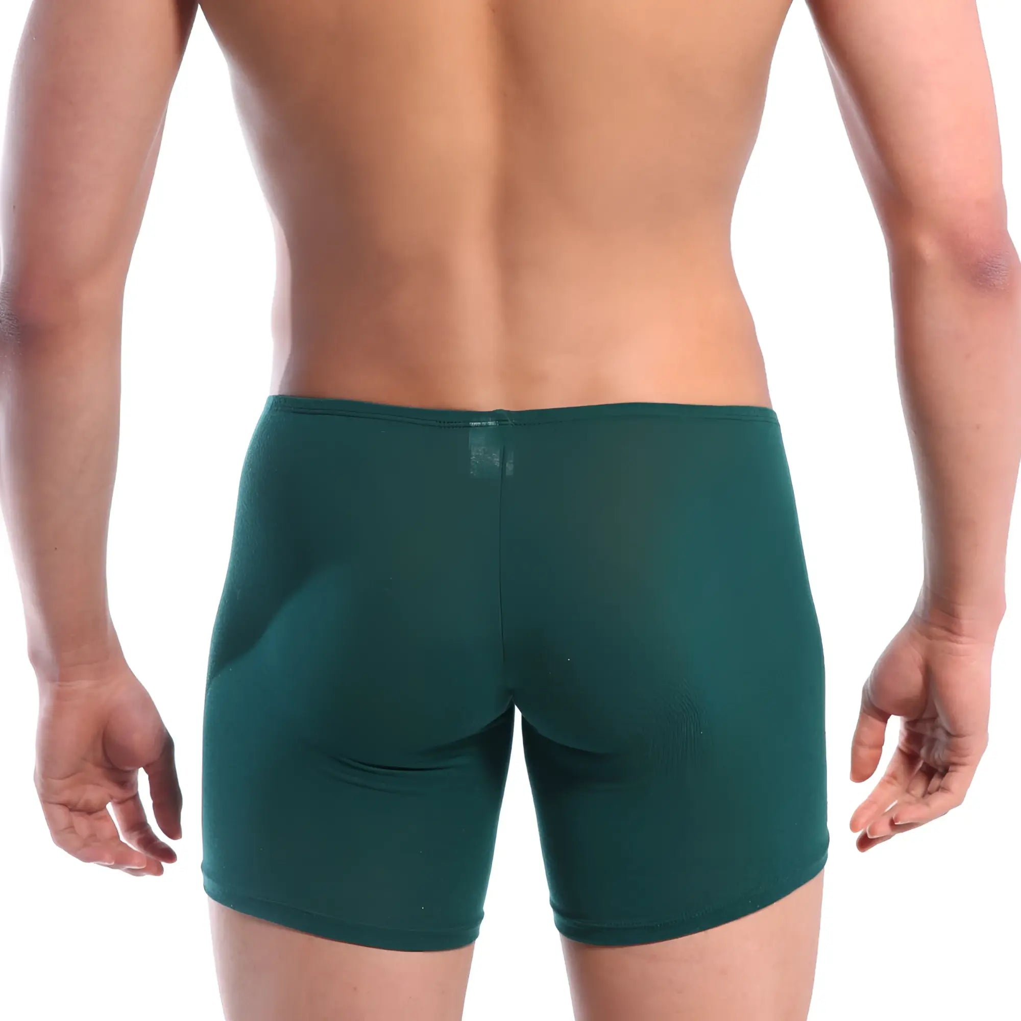 Dark green form-fitting boxer briefs with smooth stretchy fabric and subtle texture metroMaleWear minimo long boxer pine green 2034-07