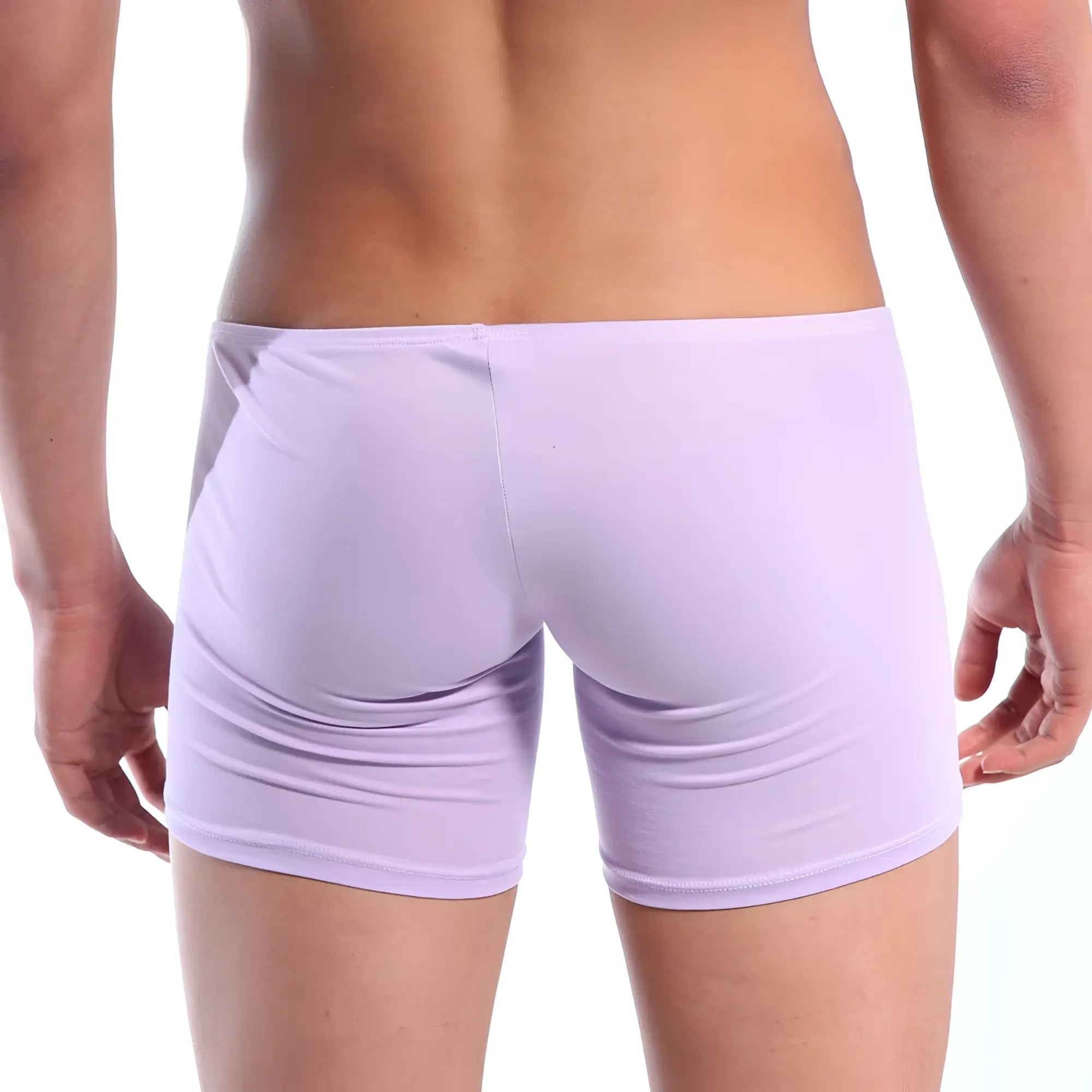 Lavender-colored form-fitting men’s briefs by metromalewear minimo long boxer with smooth fabric and elastic waistband