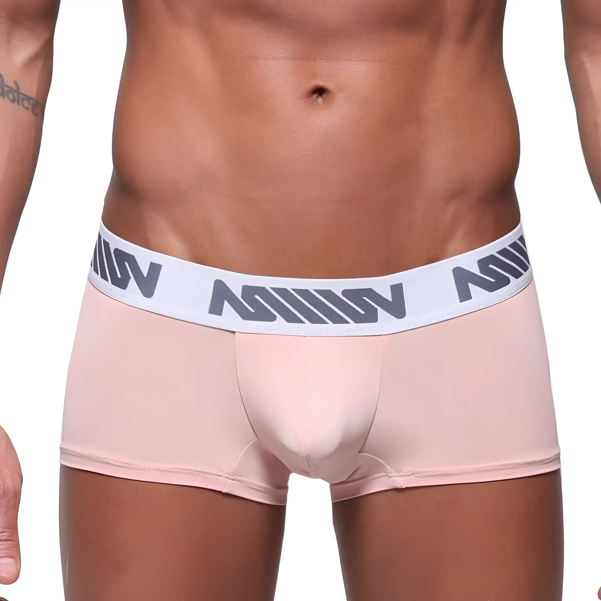 Pink men’s briefs with white elastic waistband featuring gray m logos from MetroMaleWear Minimo Waistband boxer