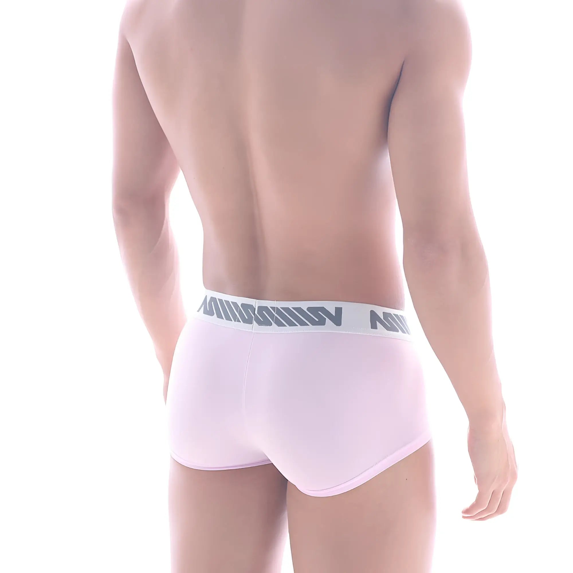 Light pink metro male wear minimo waistband boxer briefs with white elastic band and gray lettering