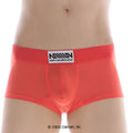 Bright red form-fitting mens briefs with a white metromalewear label from metro malewear minimo waistband boxer red 2033-12