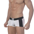 White and black athletic briefs with bold vertical stripe and minimo branded waistband by metromalewear