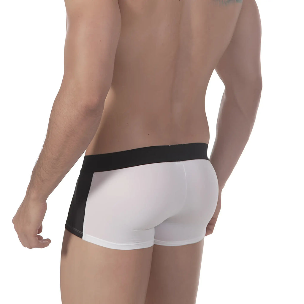 White and black athletic briefs with a sleek form-fitting design from metromalewear minimo waistband boxer stripe 2033-40