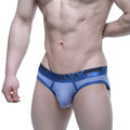 Metro malewear miramar bikini blue men’s briefs feature blue and white stripes with a black logo waistband