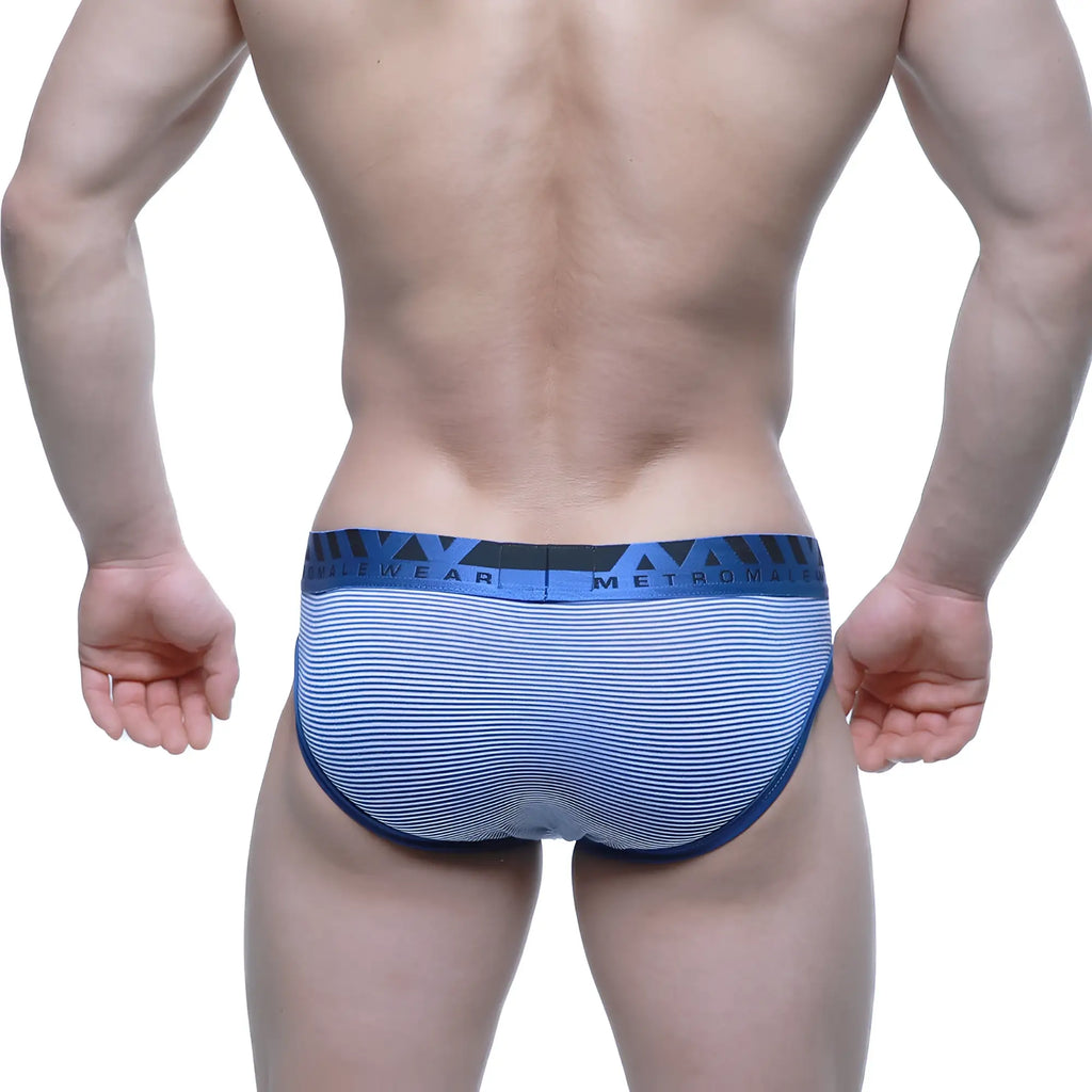 Blue and white striped men’s briefs with navy blue metroman waistband metro malewear miramar bikini blue 2803-42