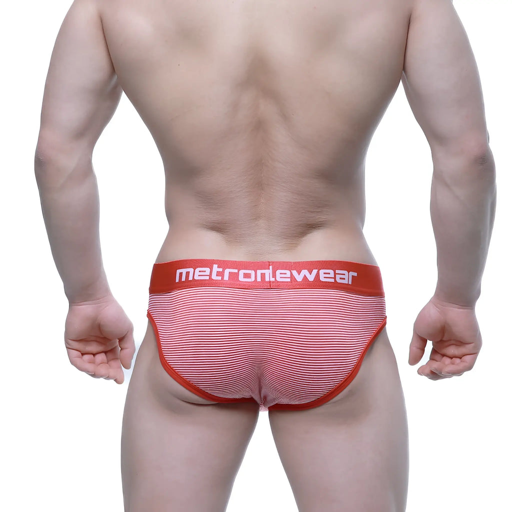 MetroMewear miramar bikini red men’s briefs with red and white stripes and bold red waistband with metronewear branding