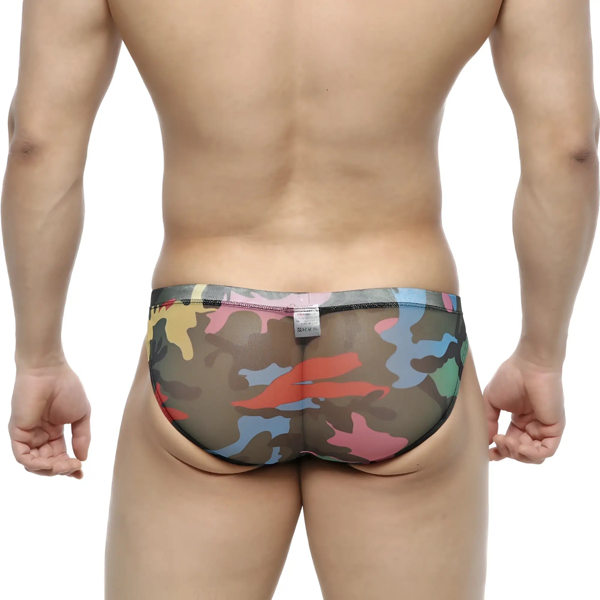 MetroMaleWear Mixtos Bikini 5103-24 colorful camouflage mesh briefs with sheer fabric and vibrant red blue green yellow