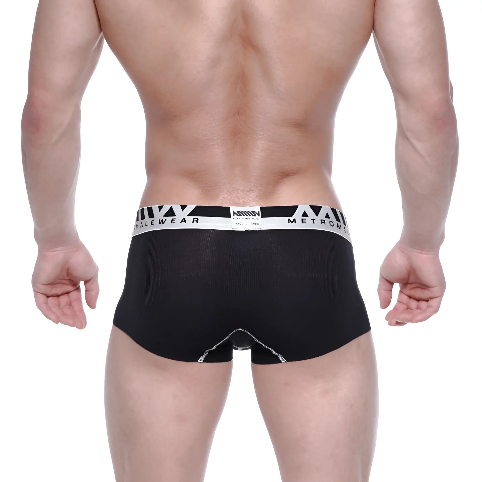 Black mens modal seamless trunk briefs with white metroman waistband made of textured fabric from metro malewear
