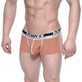 Tan ribbed modal seamless men’s briefs with a black and white metromalewear branded waistband trunk style