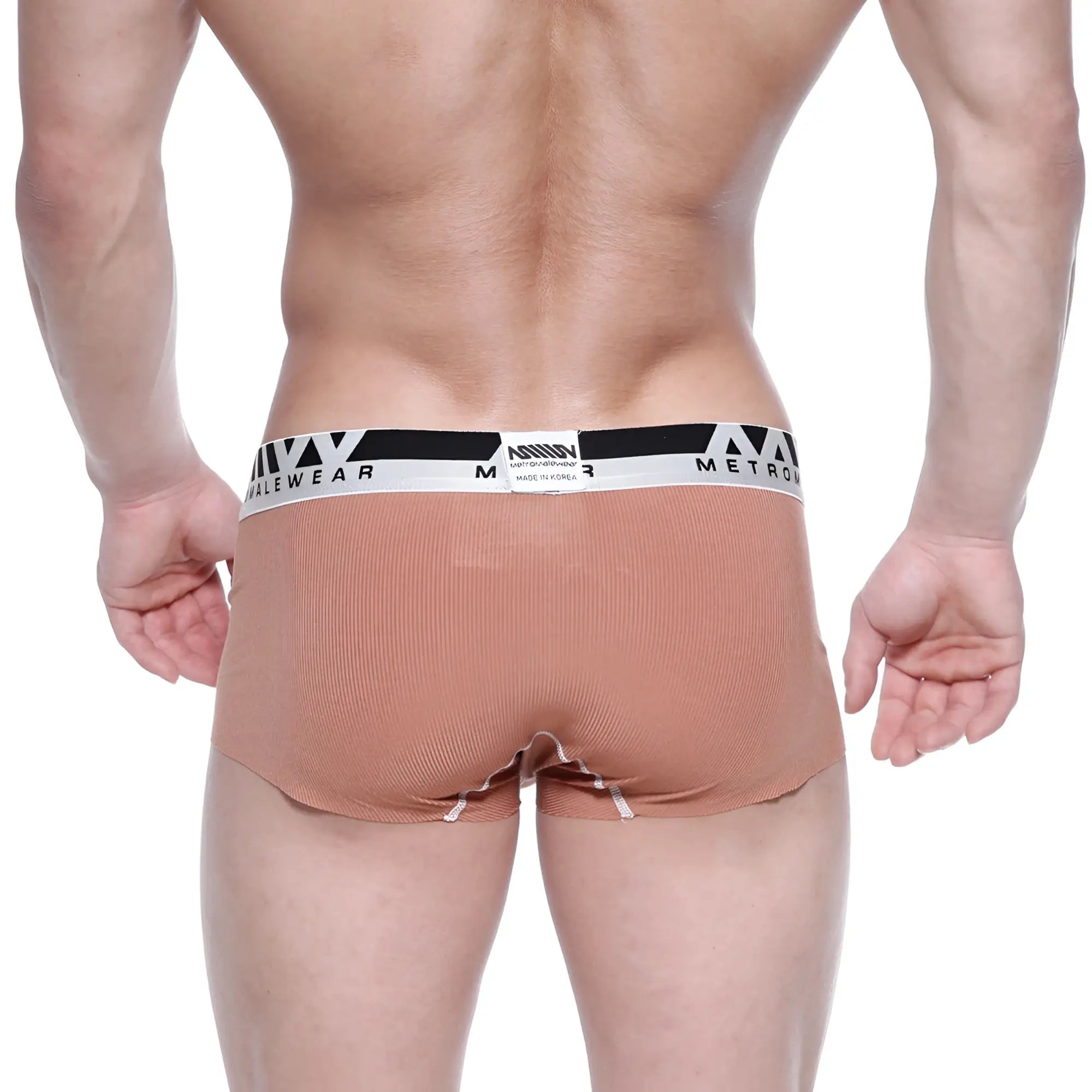 Tan ribbed men’s briefs with black and white branded waistband modal seamless trunk by metromalewear