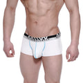 White men’s modal seamless trunk briefs with black and silver methomalewear waistband and light blue side stitching