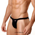Black form-fitting MetroMaleWear modern bikini thong with narrow waistband and small red logo on left side
