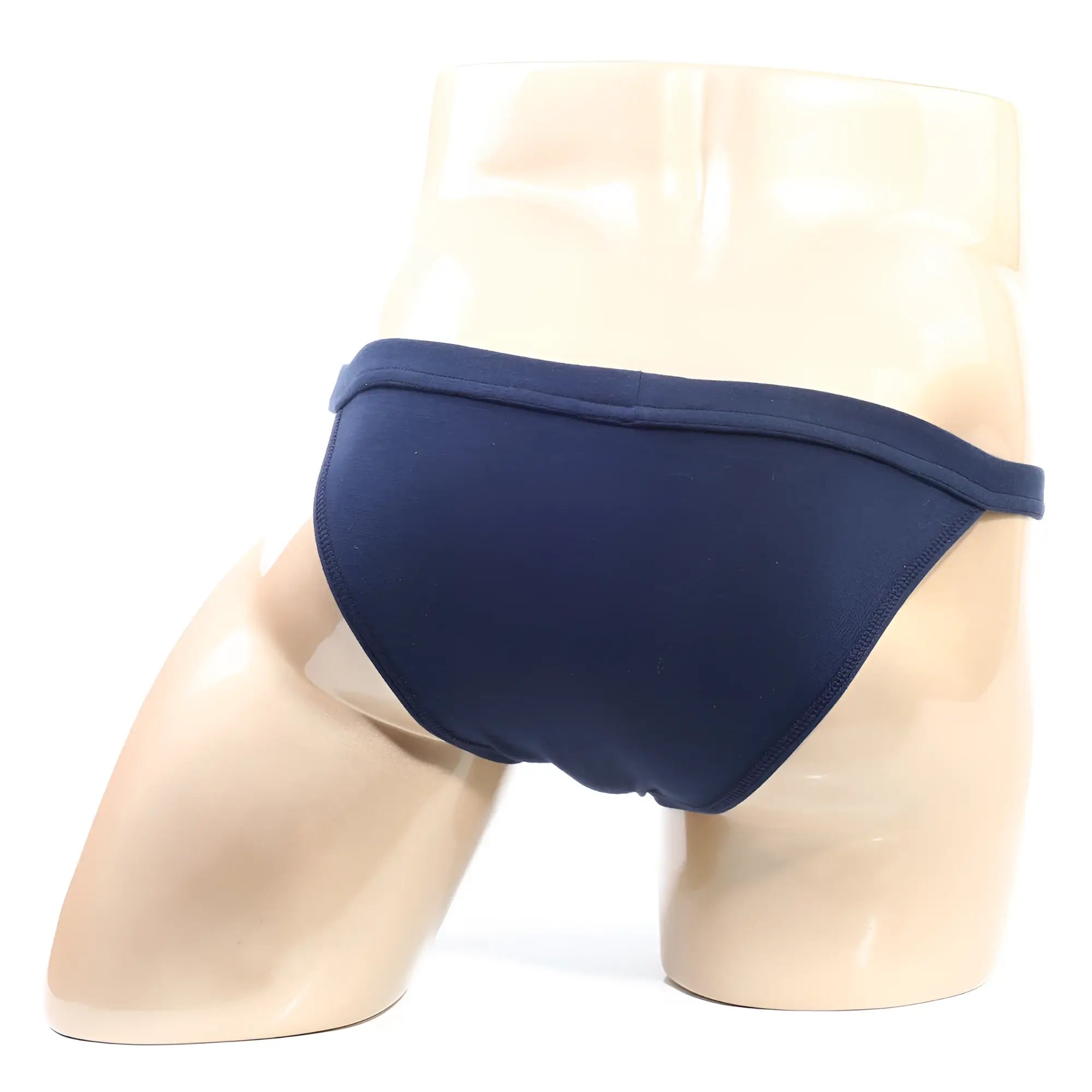 Navy blue MetroMaleWear Modern Bikini swim trunks with smooth stretchy fabric and seamless design front view