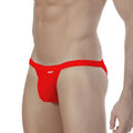 Red men’s thong metroMalewear modern bikini 4004-12 with snug fit and madness embroidered in white on front