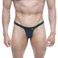 Dark blue denim thong with red brand tag on waistband metro male wear modern pouch thong heather 4002-10 front view