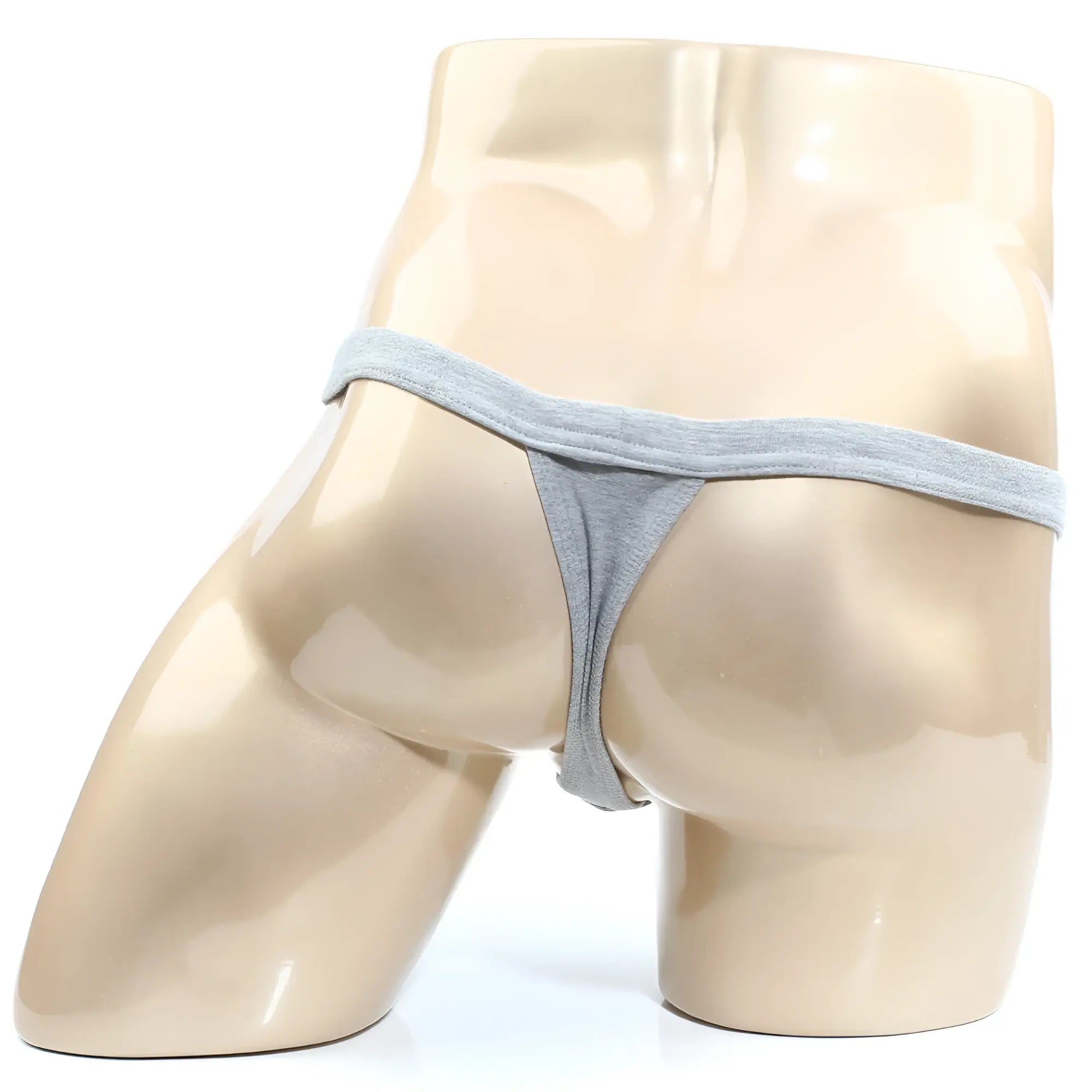 Gray cotton thong with modern pouch design displayed on mannequin from metromalewear jasper 4002-09 product line