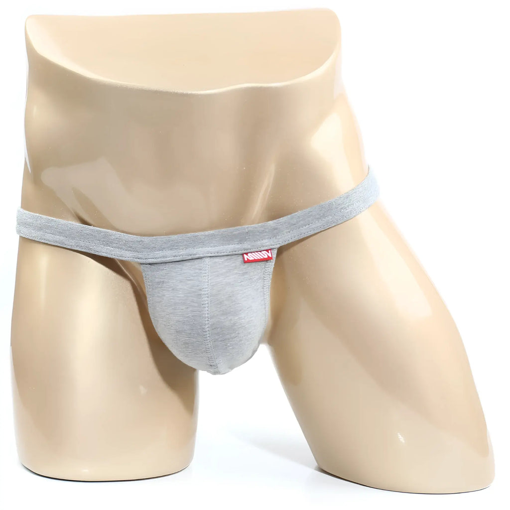 Gray heathered cotton jockstrap with red and white brand tag on waistband from MetroMaleWear modern pouch thong Jasper 4002-09