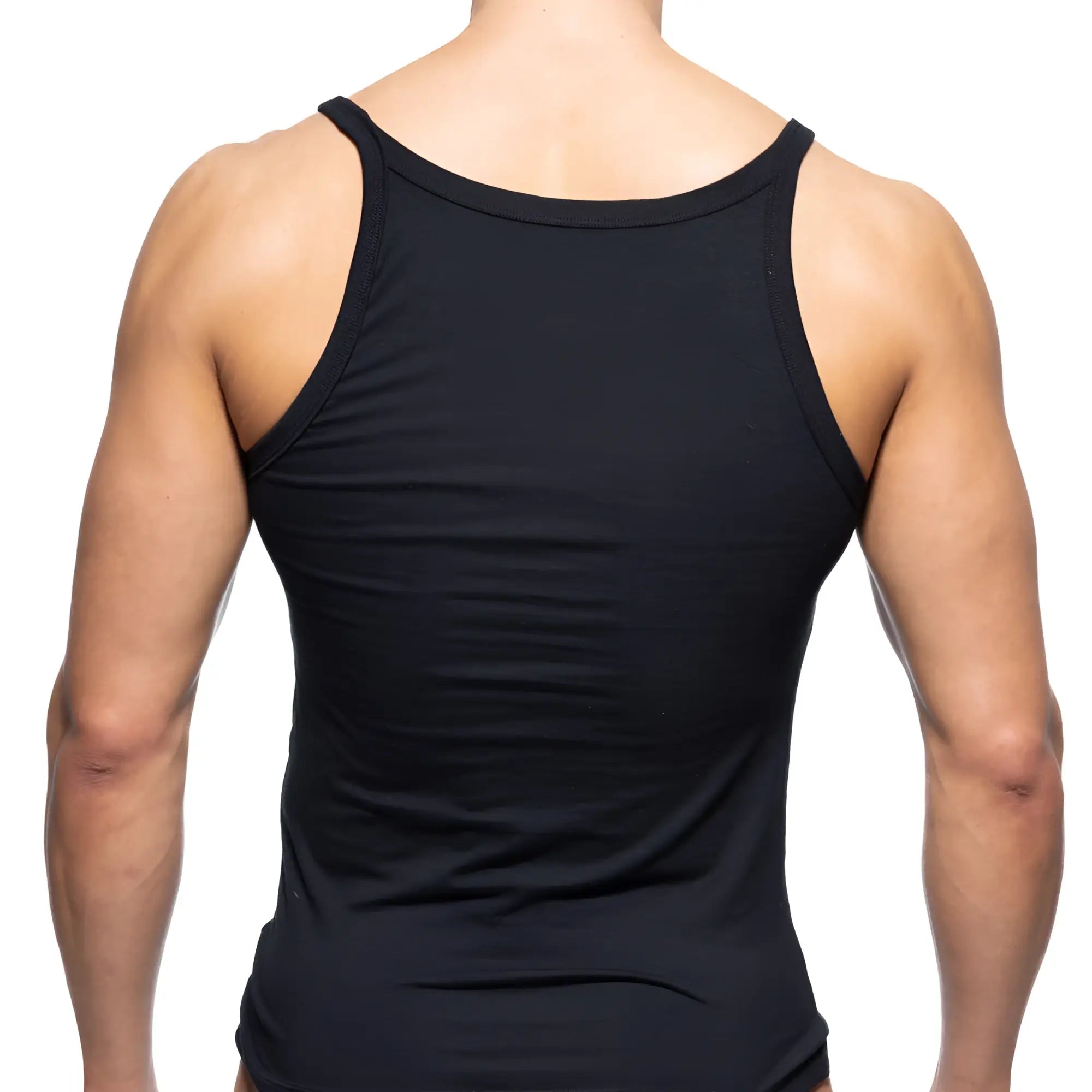 MetroMaleWear modern black sleeveless fitted tank top with rounded neckline ideal for casual wear