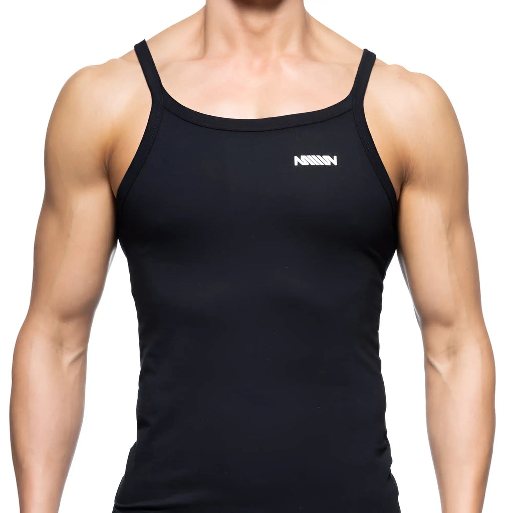 Black sleeveless tank top with thin straps and white logo on left chest from metromalewear modern tank top 3126-20