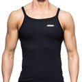 Black sleeveless tank top with thin straps and white logo on left chest from metromalewear modern tank top 3126-20