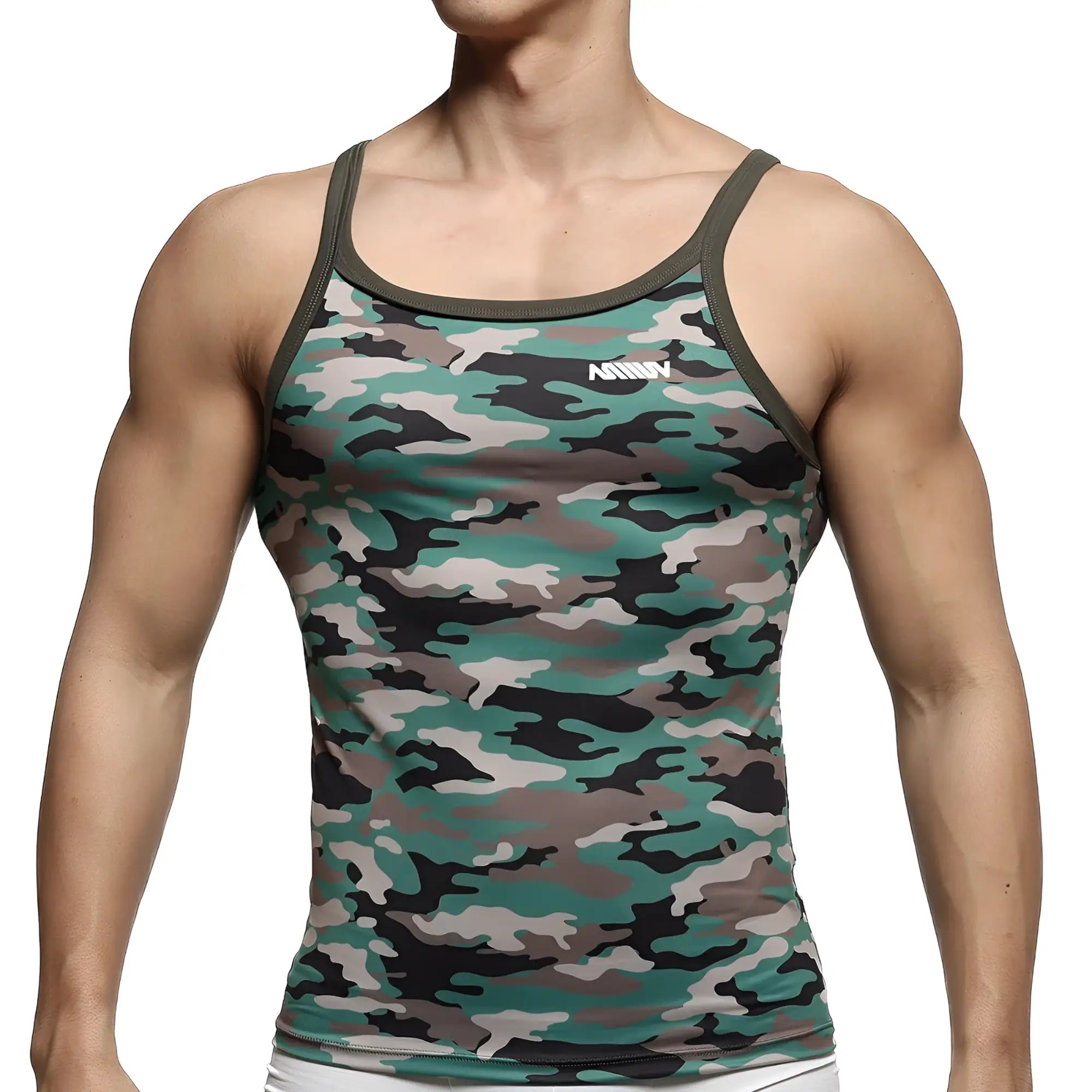 MetroMaleWear modern tank top camo with green and black camouflage pattern and olive green trim for casual wear