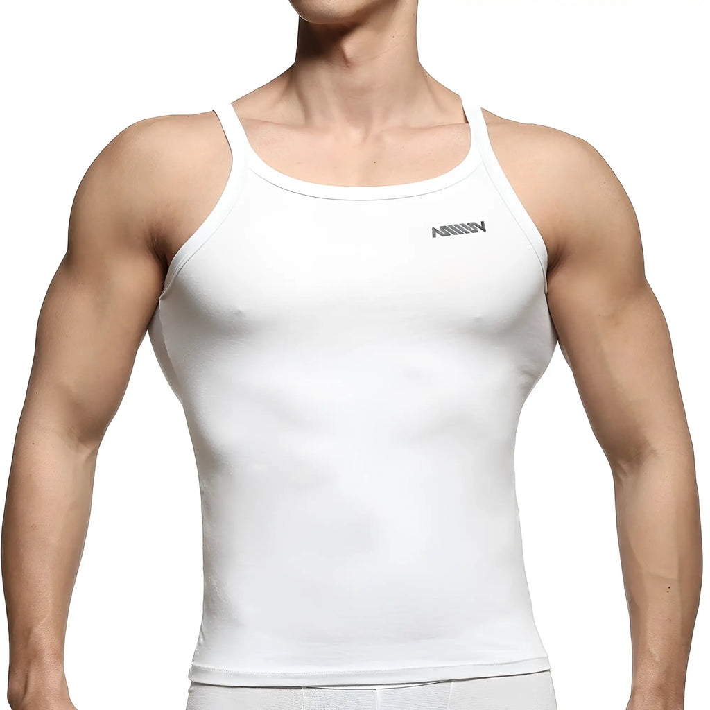MetroMaleWear modern white tank top form-fitting with subtle gray logo on upper left chest for casual wear
