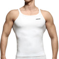 MetroMaleWear modern white tank top form-fitting with subtle gray logo on upper left chest for casual wear