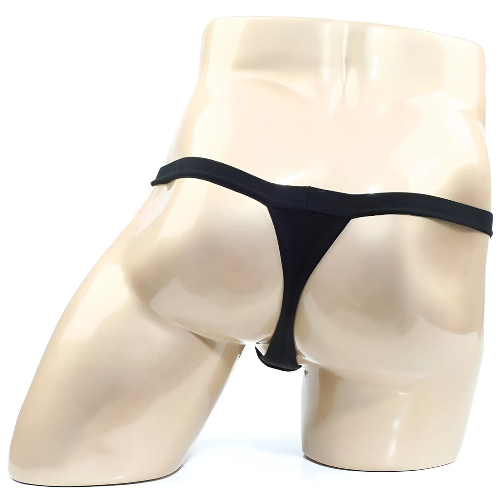 Black thong made of smooth stretchy fabric by MetroMaleWear modernizing thong model 3002-M20 shown from the back